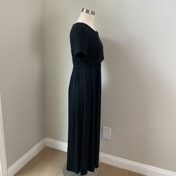 Vintage CDC Womens 4 Black Maxi Dress Short Sleeve Embroidered Bodice Babydoll - Picture 7 of 16